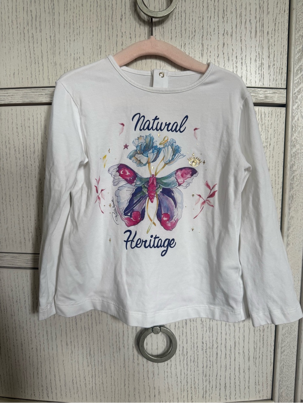 Roberto Cavalli White Long Sleeve Tee with Multicolor Butterfly Graphic